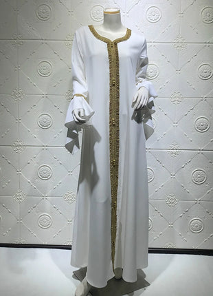 Dress iskakia Jalabiya Kaftan Dress For Women Dubai Turkey Golden Ribbon Embroidery Loose Muslim Arabic Islamic Clothing White 2020