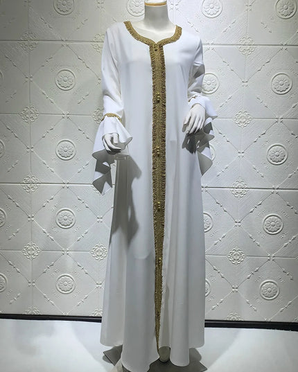 Dress iskakia Jalabiya Kaftan Dress For Women Dubai Turkey Golden Ribbon Embroidery Loose Muslim Arabic Islamic Clothing White 2020