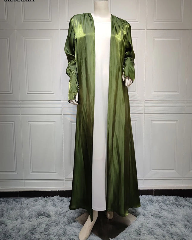 Turkish Gowns For Women Dubai Arabian Dress Army Green Silk Satin Cardigan Robe Mushroom Button Sleeves Muslim Outwear