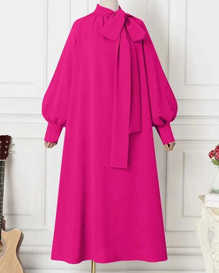 Dress Fashion Bow Tie Neck Baggy Dresses Women Casual Puff Sleeve Solid Color Oversize Swing Maxi Dress Elegant Party Long Robe