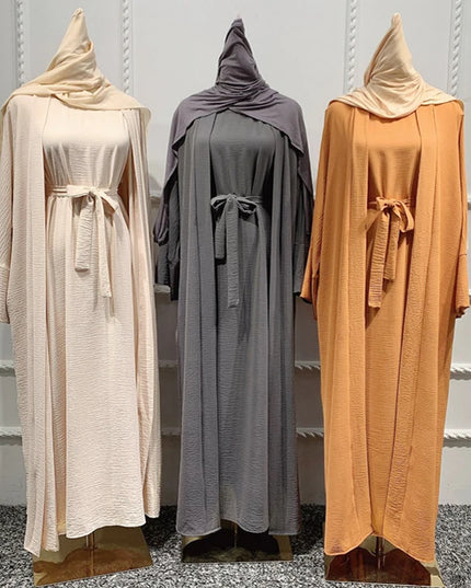 Abaya Set Muslim Hijab Dress Plain Eid Dubai Open Abayas for Women Turkey Inner Dresses African Islam Modest Outfits