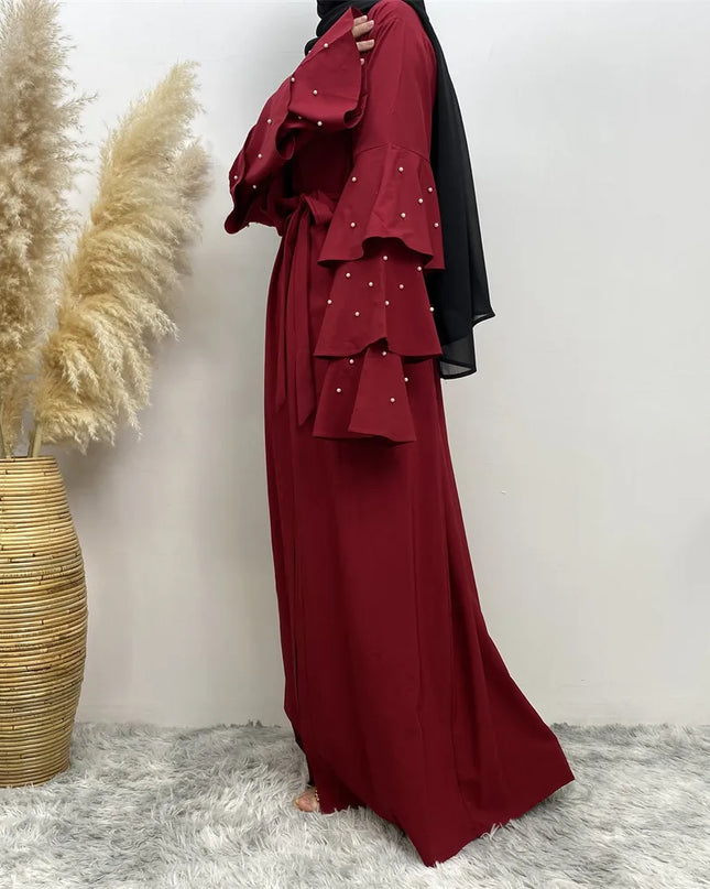 Abayas - Open Abaya Beads Ruffles Sleeve Muslim Women Dubai Dress Turkey Kaftan Islam Kimono Cardigan Gown Jalabiya Robe