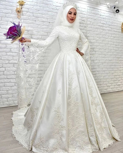 Wedding Gown - A Line High Neck Long Sleeves Arabic Islamic Brial Gowns Lace Appliques Beaded Vestido De Noiva