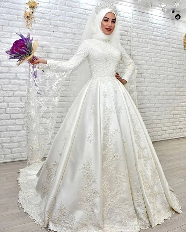 Wedding Gown - A Line High Neck Long Sleeves Arabic Islamic Brial Gowns Lace Appliques Beaded Vestido De Noiva