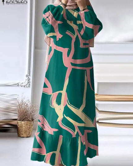 Dress Bohemian Muslim Long Dress Autumn Floral Sundress Fashion Printed Abaya Women Long Sleeve Robe Vestidos Islamic Clothing