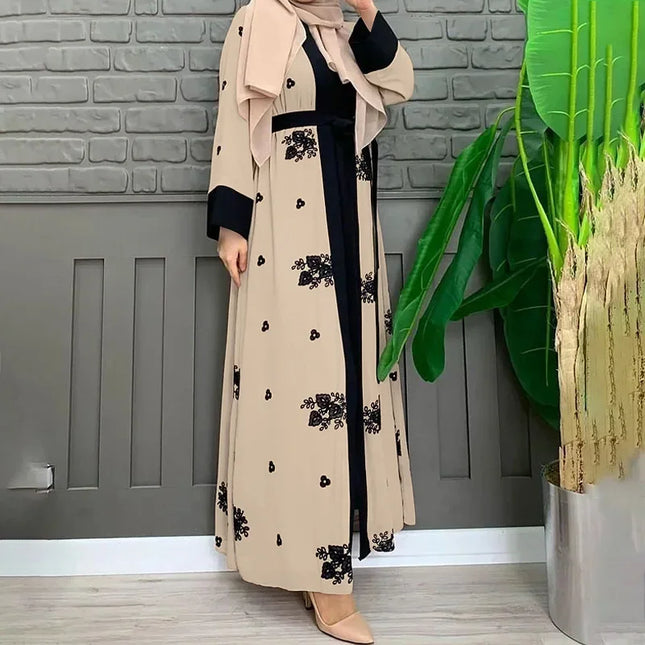 Abaya Women's Two Pieces Set Female Moroccan Kaftan Embroidered Chiffon Coat Muslim Set Dubai Abaya Turkey Women Abayas Islam Clothing