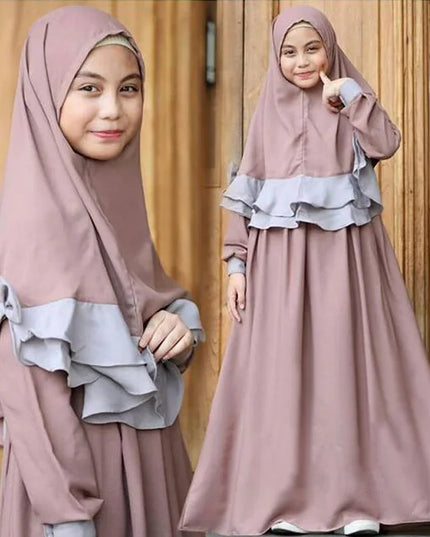 Kids Outfits- Girls 2 Piece Sets Muslim Girls Dress Hijab Abaya Robe Arab Dubai Children Ramadan Kaftan Headscarf Islamic Eid Khimar Abayas Set