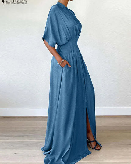ZANZEA Women Short Sleeve Buttons Shirtdress Fashion Waisted Maxi Dress Vintage Solid Stand Collar Streetwear Pleated Long Robes