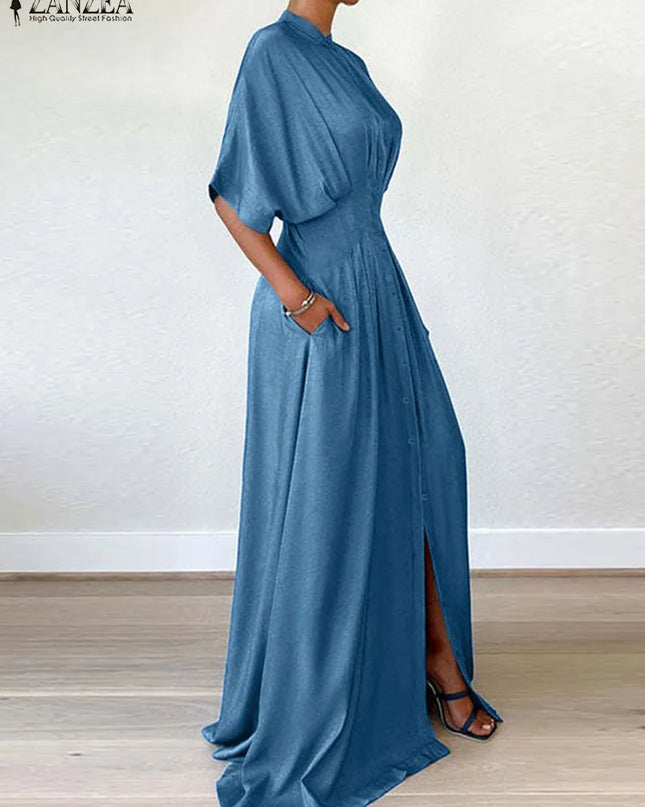 ZANZEA Women Short Sleeve Buttons Shirtdress Fashion Waisted Maxi Dress Vintage Solid Stand Collar Streetwear Pleated Long Robes