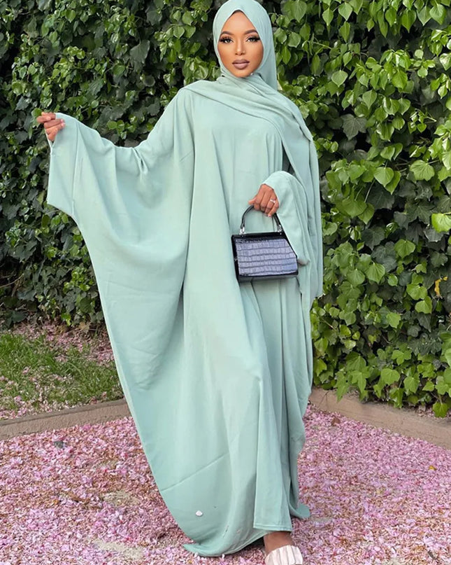 Jilbab-Prayer Dress Batwing Sleeves Islamic Abaya Dubai Turkish Muslim Jilbabs Ramadan Eid Hijabi Outfit Jilbeb Solid Color (No Scarf)