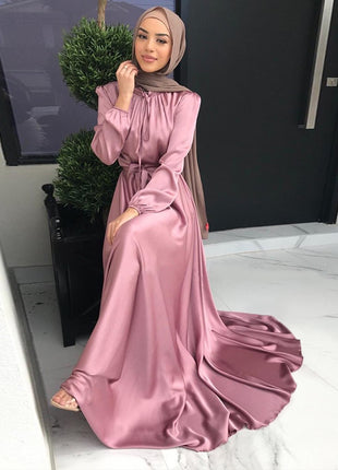 Dress Kimono Muslim Elegant Satin Dress-Casual Dubai Style