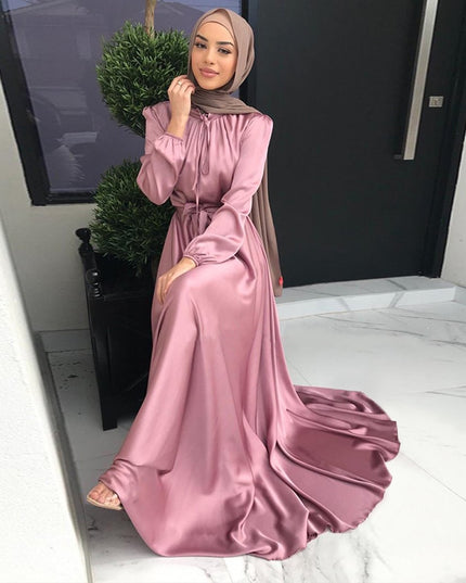 Dress Kimono Muslim Elegant Satin Dress-Casual Dubai Style