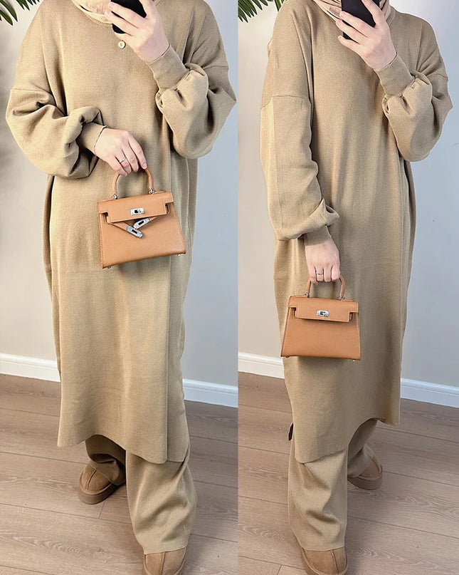 2 Piece Set for Women Knitted Sweater Dress & Wide Leg Pant Morocco Dubai Winter Abaya Vestidos Long Robe