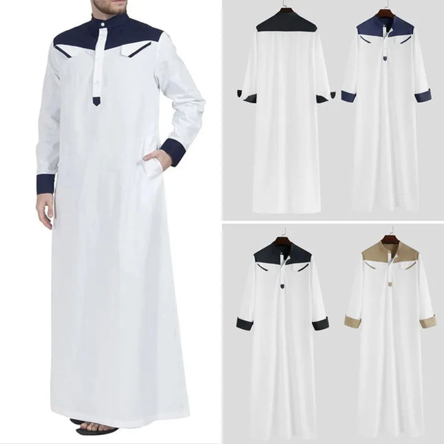 Jubba Traditional Muslim Clothing Contrast Color Muslim Dress Middle East Jubba Thobe Men Robe w/ Long Sleeves Mandarin Neck