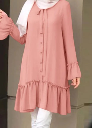 Tunics Fashion Muslim Blouse 2023 ZANZEA Dubai Abaya Isamic Clothing Long Sleeve Ruffles Tops Long Shirt Turkey Kaftan Abayas For Women