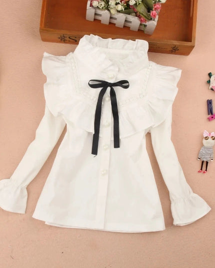 Kids Outfits Spring Fall Cotton Ruffles Blouses for Children Teenage School Girls Bow Pure White Shirts Toddler Long Sleeve Tops Baby Clothes