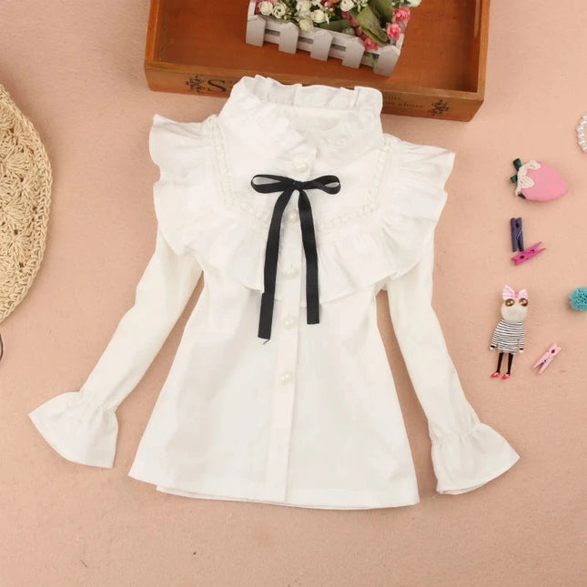 Kids Outfits Spring Fall Cotton Ruffles Blouses for Children Teenage School Girls Bow Pure White Shirts Toddler Long Sleeve Tops Baby Clothes