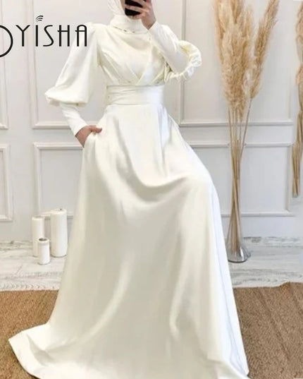 Wedding Gown OYISHA 2023 Simple Satin A-Line Robe De Mariée Elegant High Neck Lantern Sleeves Bridal Gowns Muslim Wedding Gown For Brides