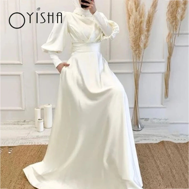 Wedding Gown OYISHA 2023 Simple Satin A-Line Robe De Mariée Elegant High Neck Lantern Sleeves Bridal Gowns Muslim Wedding Gown For Brides