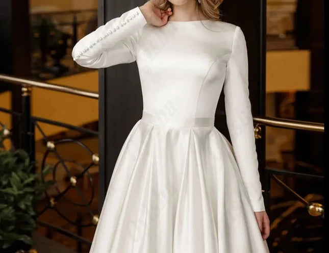 Wedding Gown OYISHA O-Neck Satin Muslim Wedding Gown Simple Long Sleeves A-Line Luxury Bridal Gown For Woman Exquisite Vestido De Mariages