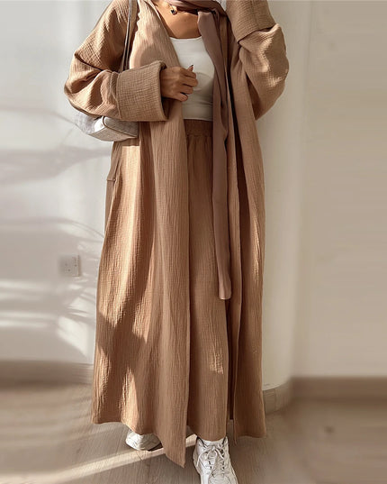 2 Piece Sets Open Abayas Kimono Muslim Women Cardigan Maxi Dress Islamic Clothing Dubai Saudi Robe Casual Kaftan Ramadan Eid