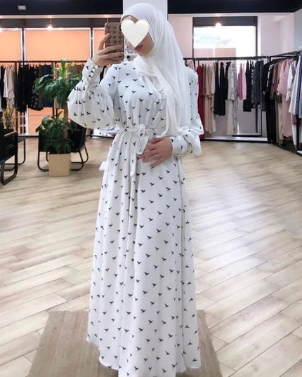 Dress Arabic Hijab Muslim Women Nida Abaya Dubai Bird Print White Summer Maxi Dresses Islamic Clothing Eid Kaftan Robe Musulmans