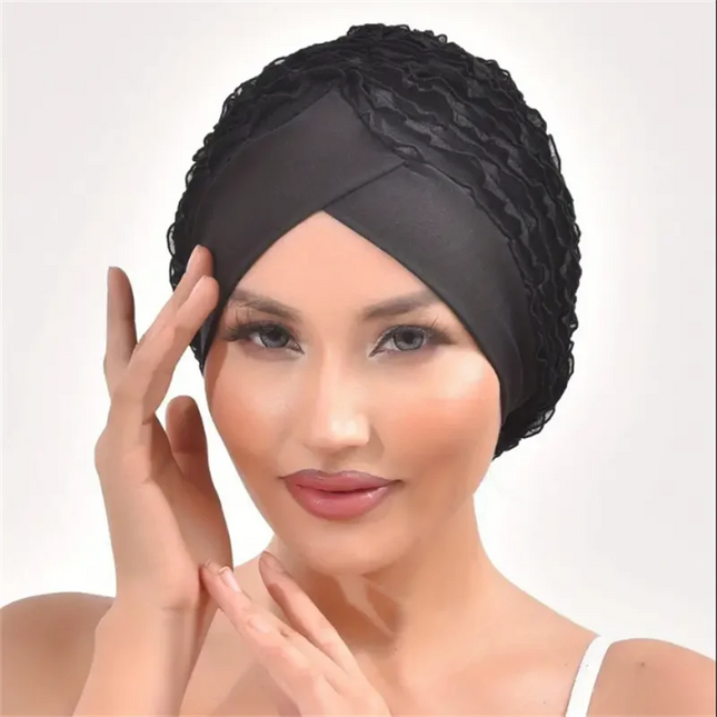 Hijab Cap Forehead Cross Women's Lace Turban Cap Elastic Muslim Headscarf Bonnet Islamic Female Solid Color Head Wraps Beanie Caps