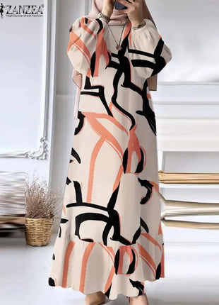 Dress Bohemian Muslim Long Dress Autumn Floral Sundress Fashion Printed Abaya Women Long Sleeve Robe Vestidos Islamic Clothing