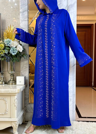Abaya Muslim Maxi Long Sleeve Dress With Cap Women Diamond Arab Dubai Islamic Clothing Autumn New Loose Casual Turkey Robe
