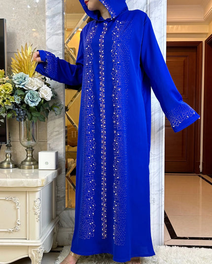 Abaya Muslim Maxi Long Sleeve Dress With Cap Women Diamond Arab Dubai Islamic Clothing Autumn New Loose Casual Turkey Robe