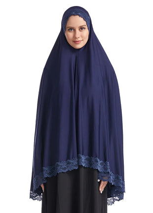 Hijab Women Muslim Prayer Long Khimar Lace Trim Stretchy Hijab Islamic Veils Headcover Dubai Turk Hijabi Head Cover (No Under Dress)