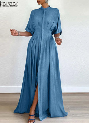 ZANZEA Women Short Sleeve Buttons Shirtdress Fashion Waisted Maxi Dress Vintage Solid Stand Collar Streetwear Pleated Long Robes
