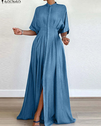 ZANZEA Women Short Sleeve Buttons Shirtdress Fashion Waisted Maxi Dress Vintage Solid Stand Collar Streetwear Pleated Long Robes