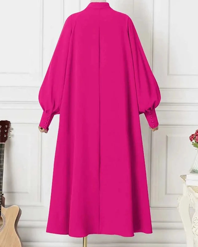 Dress Fashion Bow Tie Neck Baggy Dresses Women Casual Puff Sleeve Solid Color Oversize Swing Maxi Dress Elegant Party Long Robe