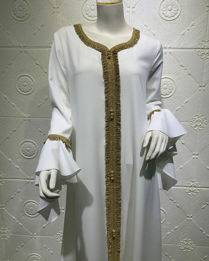 Dress iskakia Jalabiya Kaftan Dress For Women Dubai Turkey Golden Ribbon Embroidery Loose Muslim Arabic Islamic Clothing White 2020
