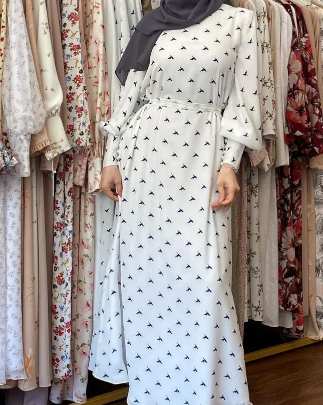 Dress Arabic Hijab Muslim Women Nida Abaya Dubai Bird Print White Summer Maxi Dresses Islamic Clothing Eid Kaftan Robe Musulmans