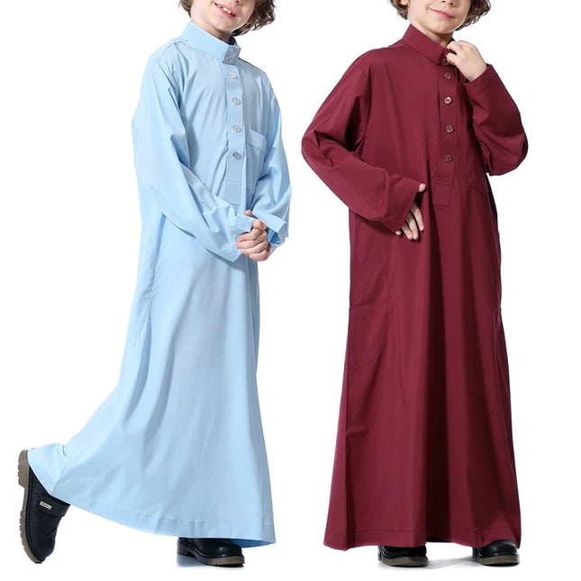 Kids Outfit Teenagers Muslim Clothing Middle East Abaya Thobe Long Sleeves Stand Collar Muslim Kaftan Boy Robe Children Caftan
