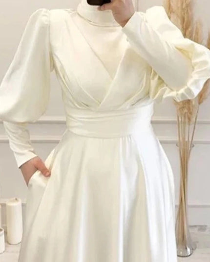 Wedding Gown OYISHA 2023 Simple Satin A-Line Robe De Mariée Elegant High Neck Lantern Sleeves Bridal Gowns Muslim Wedding Gown For Brides