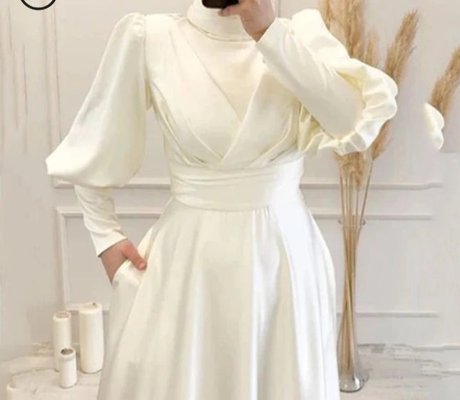 Wedding Gown OYISHA 2023 Simple Satin A-Line Robe De Mariée Elegant High Neck Lantern Sleeves Bridal Gowns Muslim Wedding Gown For Brides