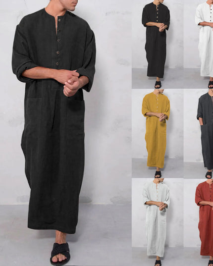 Jubba 2024 New Vintage Men Islamic Arabic Jubba Thobe Long Sleeve Buttons Cotton Robes Men Saudi Arabia Abaya Dress Muslim Kaftan Male