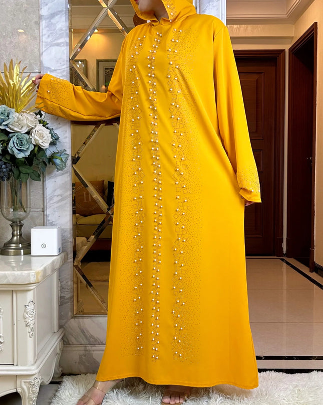 Abaya Muslim Maxi Long Sleeve Dress With Cap Women Diamond Arab Dubai Islamic Clothing Autumn New Loose Casual Turkey Robe