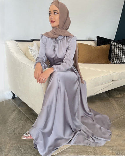Dress Kimono Muslim Elegant Satin Dress-Casual Dubai Style