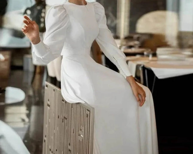 Wedding Gown OYISHA Bridal Wedding Dress Muslim Puff Long Sleeves O-Neck Satin Modern Style A-Line Sweep Train Robe De Mariée 2024 Bridal