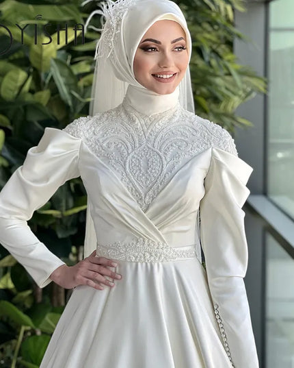 Wedding Gown Elegant Satin Muslim Wedding Dress Delicate Appliques Lace Pearl Bridal Gown Classic High Neck Long Sleeve Robe De Mariée