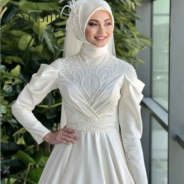 Wedding Gown Elegant Satin Muslim Wedding Dress Delicate Appliques Lace Pearl Bridal Gown Classic High Neck Long Sleeve Robe De Mariée