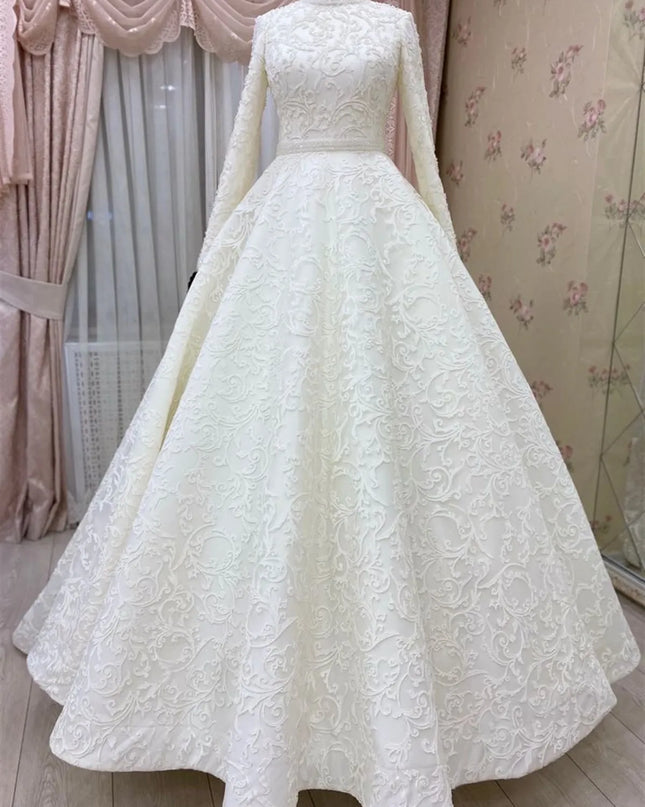 Wedding Gown-Luxury Lace Beaded Long Sleeves Muslim Wedding Gown 2023 High Neck Bridal Gown свадебное платье A Line Robe De Mariée Custom