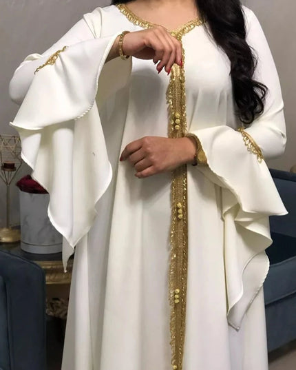 Dress iskakia Jalabiya Kaftan Dress For Women Dubai Turkey Golden Ribbon Embroidery Loose Muslim Arabic Islamic Clothing White 2020