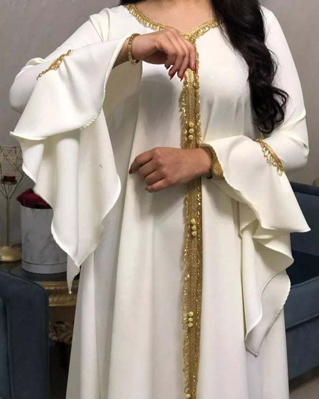 Dress iskakia Jalabiya Kaftan Dress For Women Dubai Turkey Golden Ribbon Embroidery Loose Muslim Arabic Islamic Clothing White 2020