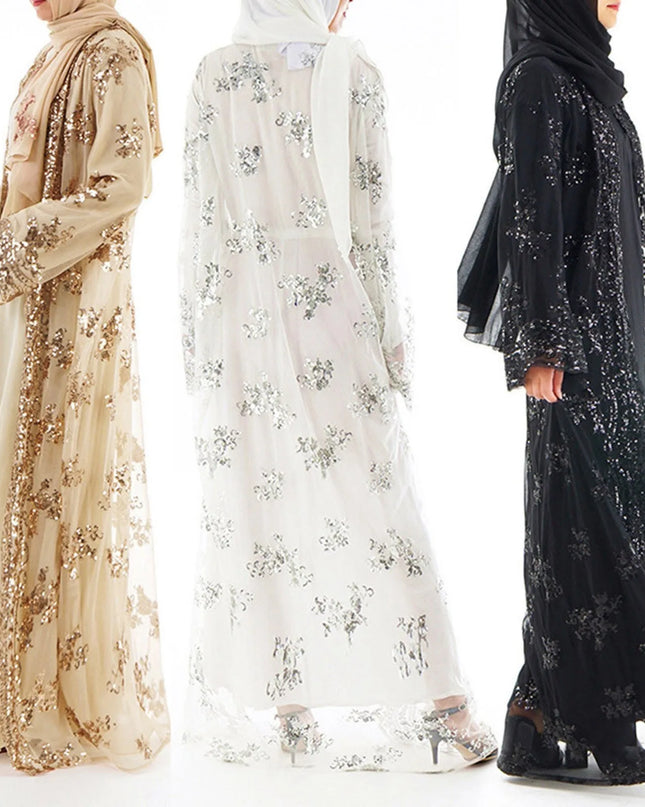 Dresses Floral Sequin Abaya Kimono Cardigan Hijab Muslim Dress Turkish Islamic Clothing Abayas For Women Dubai Kaftan Robe Islam Caftan