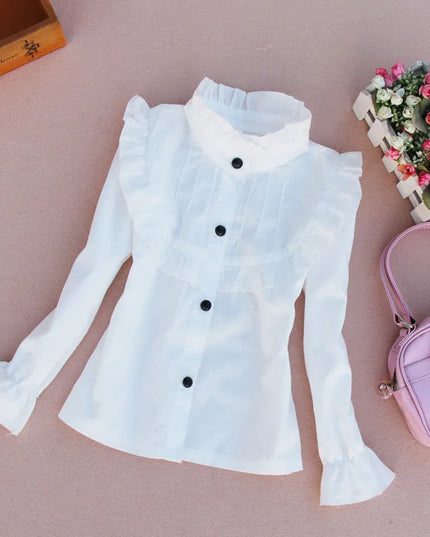 Kids Outfits Spring Fall Cotton Ruffles Blouses for Children Teenage School Girls Bow Pure White Shirts Toddler Long Sleeve Tops Baby Clothes